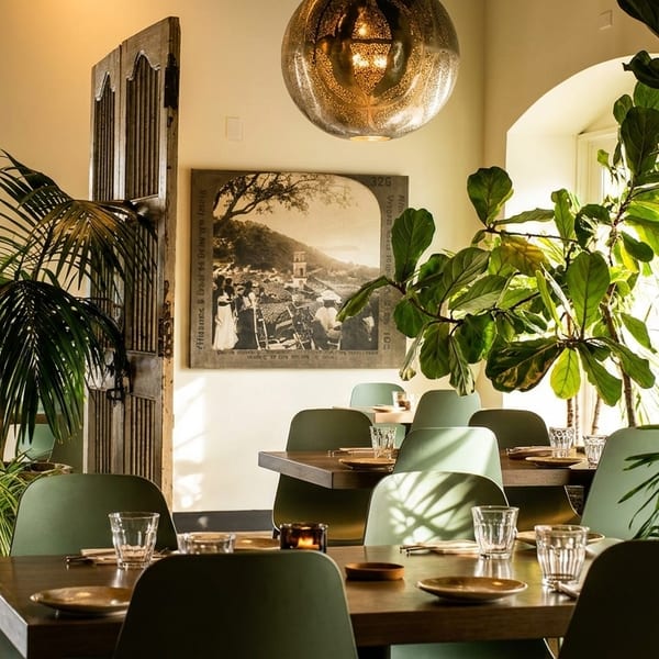 Restaurant dining room with dark wood tables, green chairs, lush plants, and a large vintage photo.