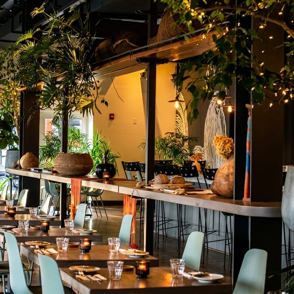 A restaurant interior with long wooden tables, light blue chairs, lush plants, and a bar area.