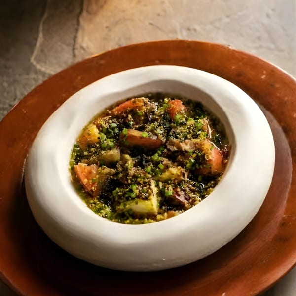A white bowl filled with a green and brown stew, garnished with chopped tomatoes and herbs.