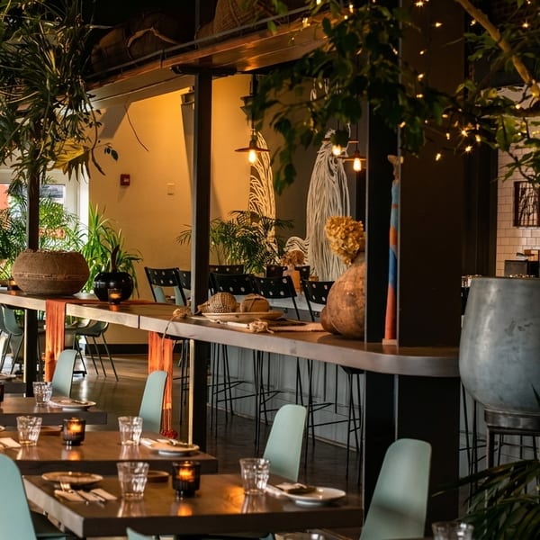 A restaurant dining room with long tables, green chairs, lush plants, and a bar in the background.
