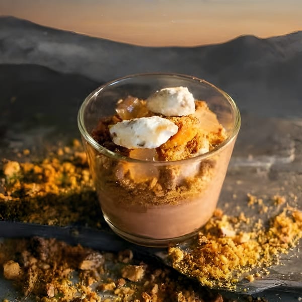 Dessert in a glass with crumbled topping, white meringue, and amber jelly cubes, against a mountain backdrop.