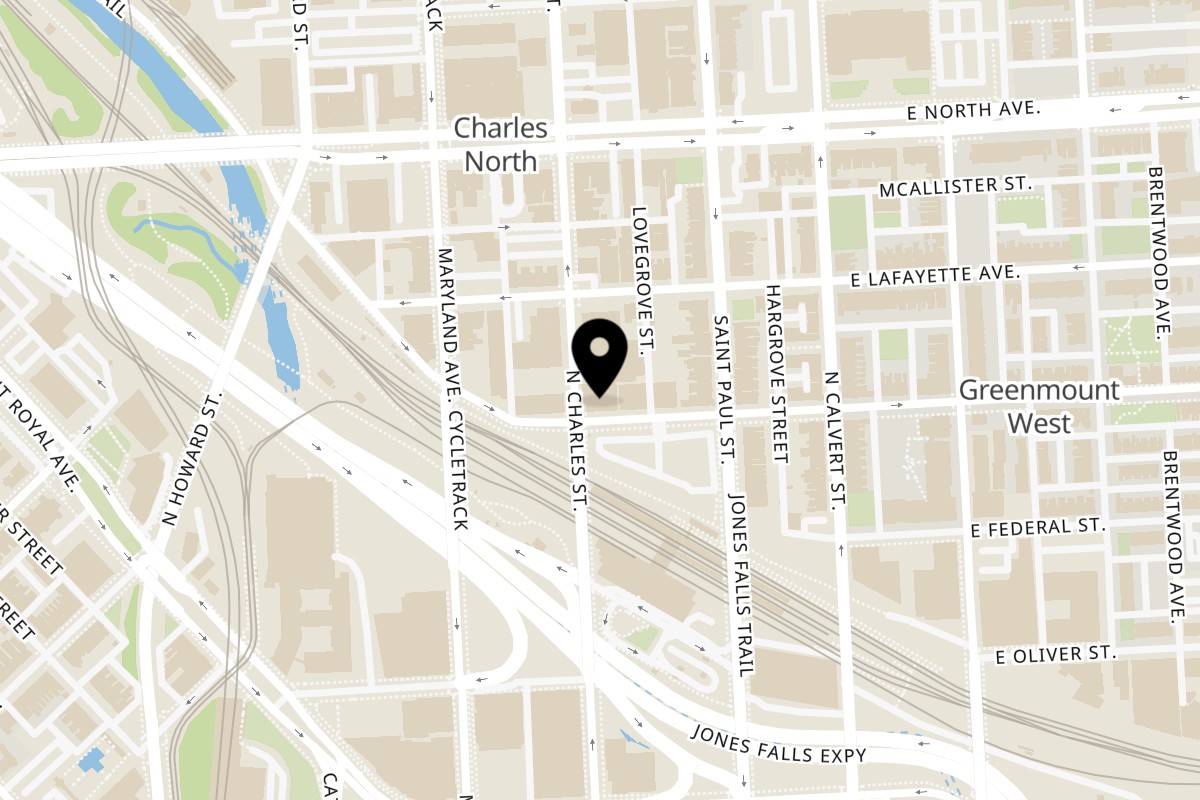 Map showing the location of Alma Cocina Latina on 1701 N Charles St in Baltimore